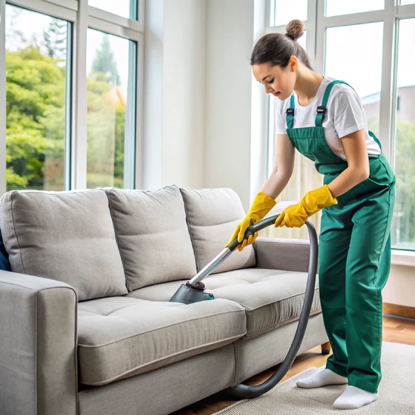 Professional cleaner vacuuming a sofa during smooth end of lease cleaning service in a bright Gold Coast living room.